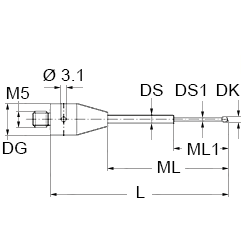 M5 шарик из нитрида кремния Ø2 мм, стержень из карбида вольфрама, L 20 мм, ML 10 мм, для систем ZEISS A-5555-3781